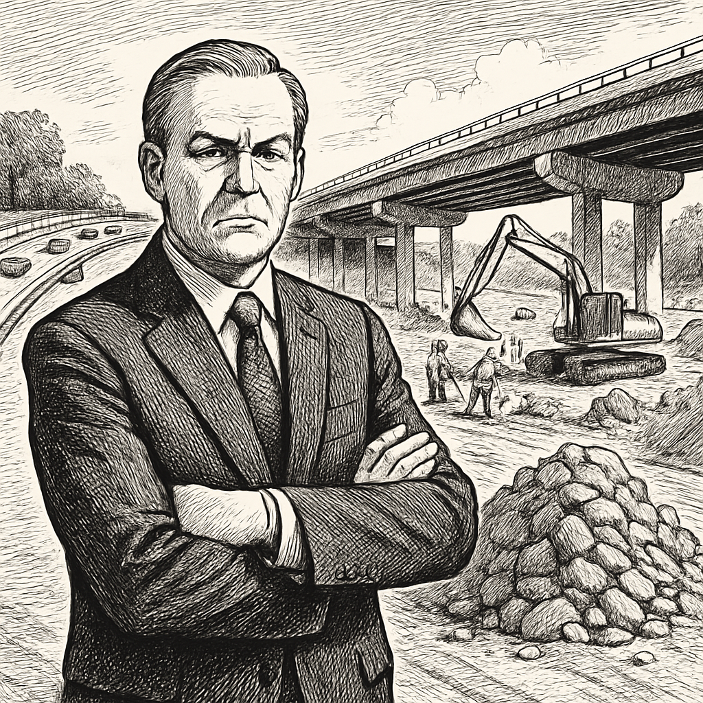 A politician standing in front of a highway construction site