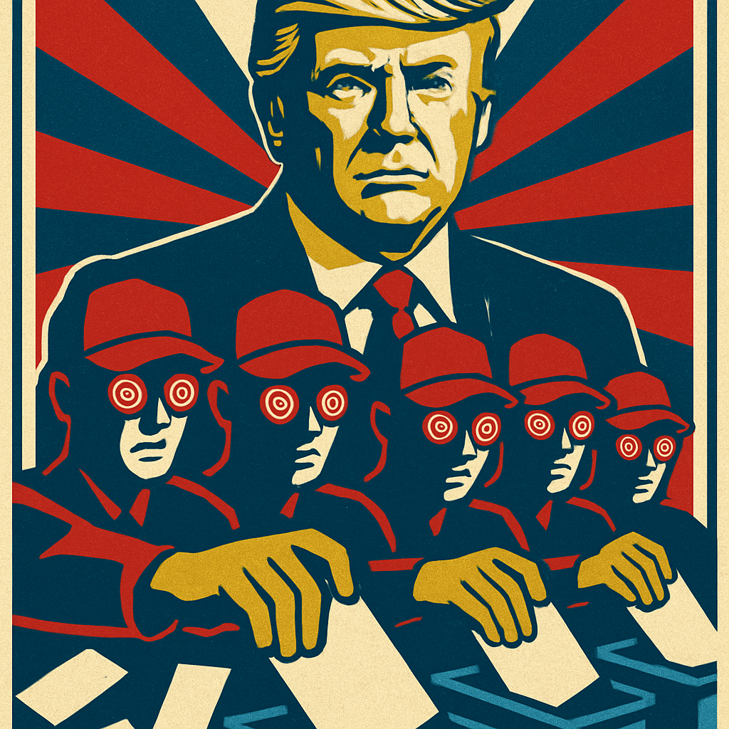 A ballot box on a marble floor lit by a red emergency glow, overshadowed by a presidential podium and American flags in a dark government hall