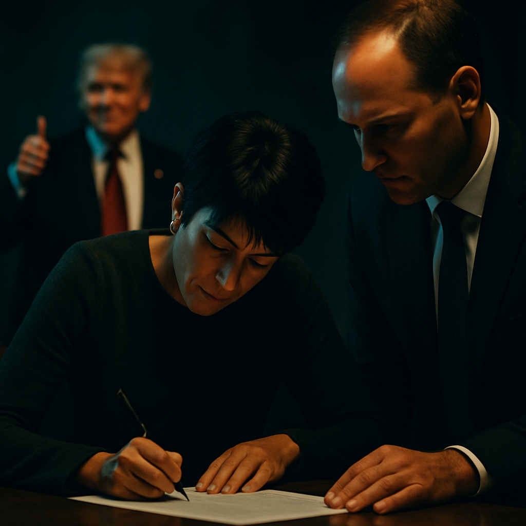 Dark editorial illustration of a man in a suit unlocking a barred prison gate from the inside, opening onto a brighter space, with tipped scales of justice in shadow
