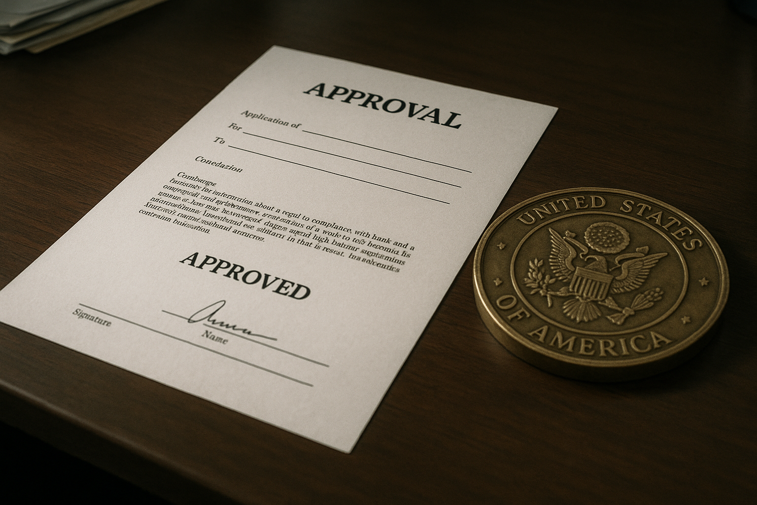 An official approval document rests beside a brass government seal on a desk in a dimly lit office, lit by a single lamp with neoclassical columns visible in shadow behind window blinds.