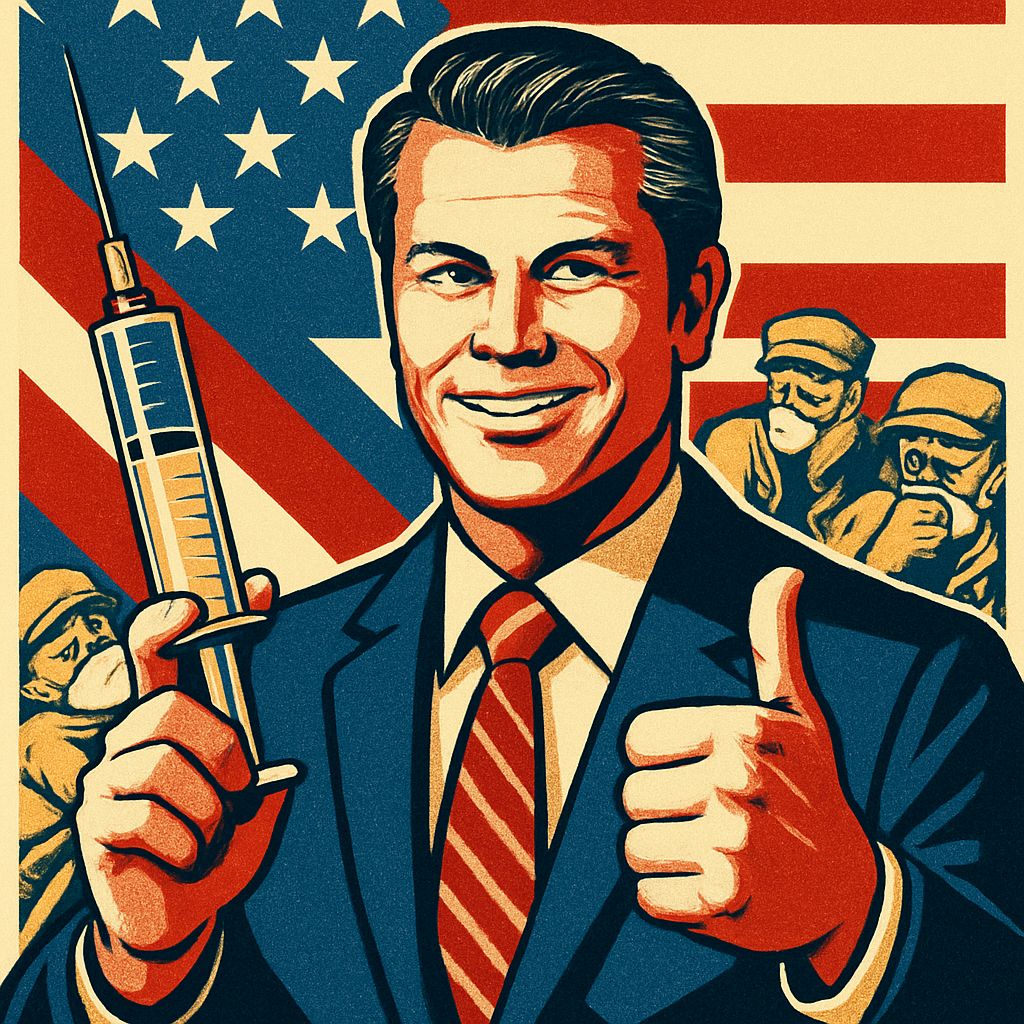 Pete Hegseth holds a vaccine syringe