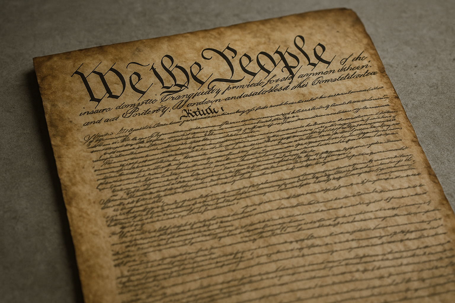 A weathered, torn parchment copy of the U.S. Constitution lying on a dark marble table beside a gavel, lit by a single shaft of light