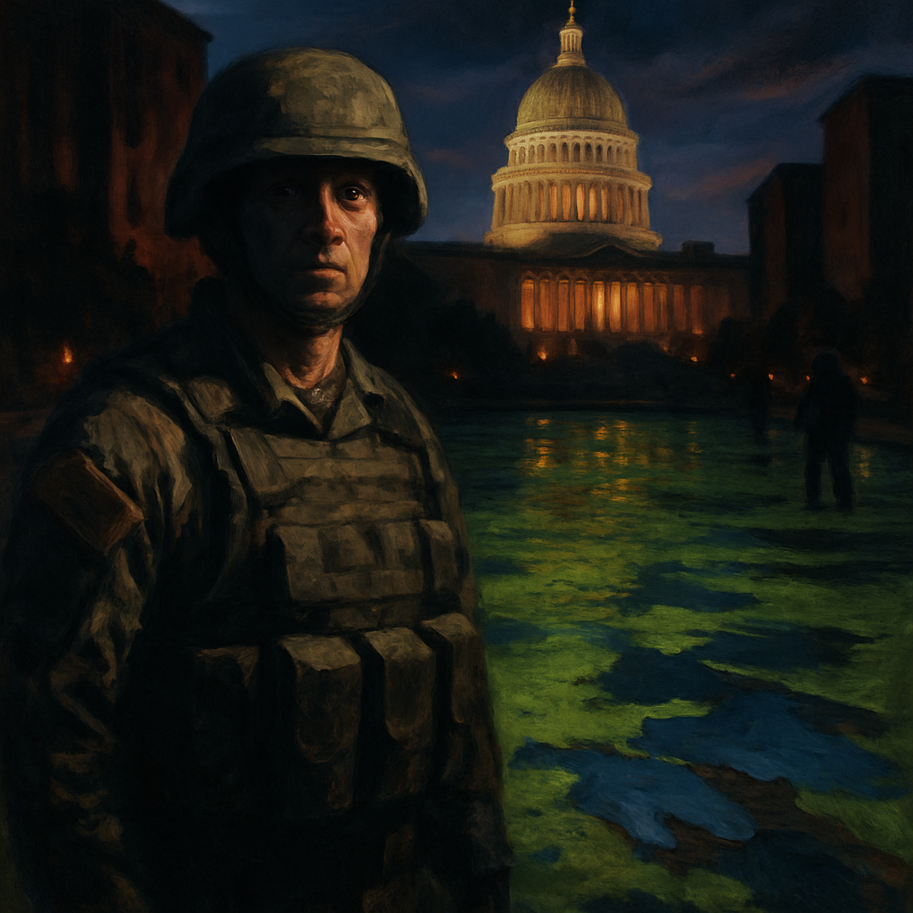 a military police officer guards the toxic reflection pool