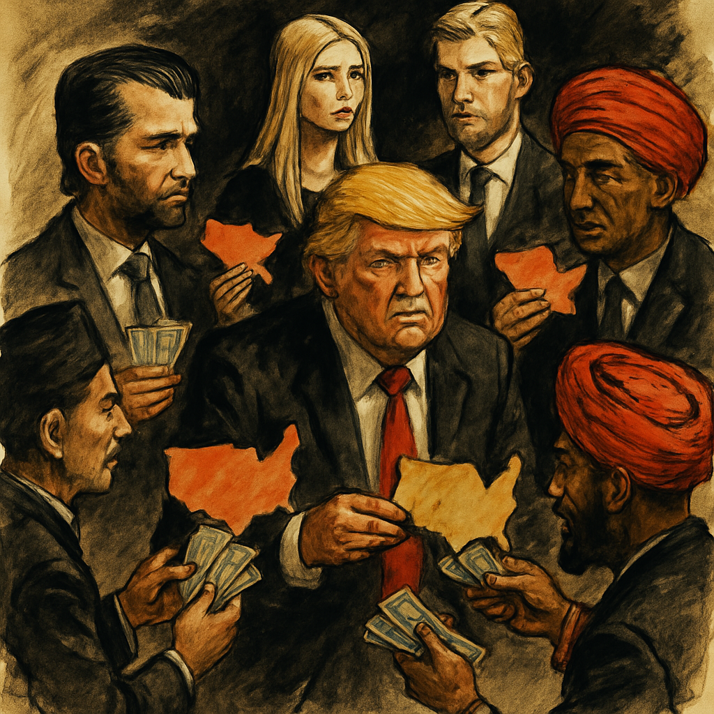 A brass scale of justice tips violently out of balance: one pan holds a thin stack of papers while the other overflows with gold coins, set against a shadowed presidential seal carved in dark wood paneling.
